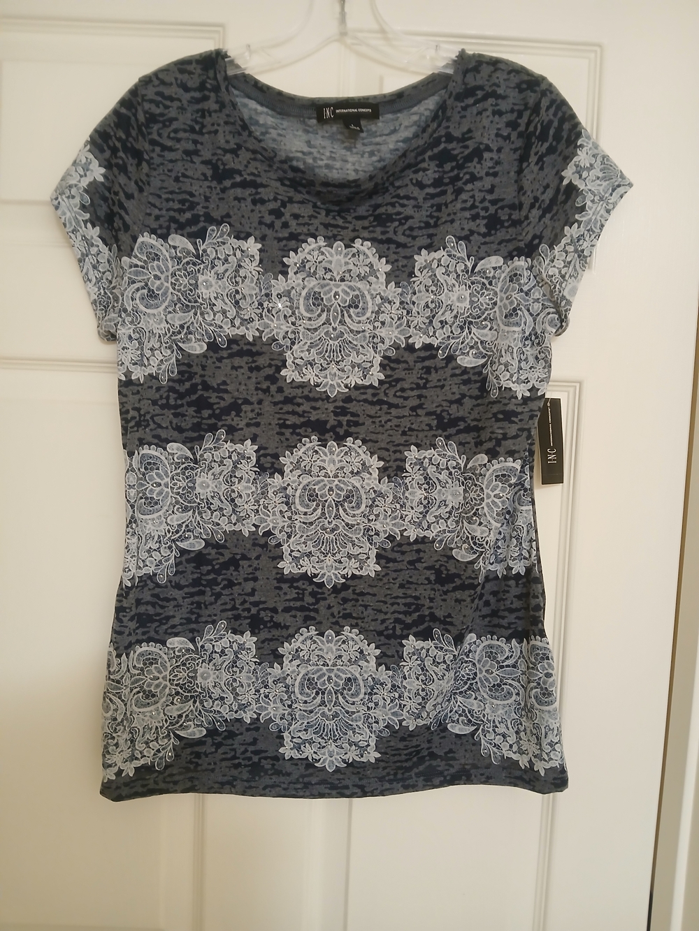 INC International Concepts Dark Gray Lace-Print Short Sleeve Top